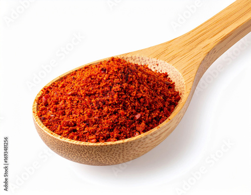 A wooden spoon filled with vibrant red paprika powder, isolated on a clean white background, ready for culinary use.