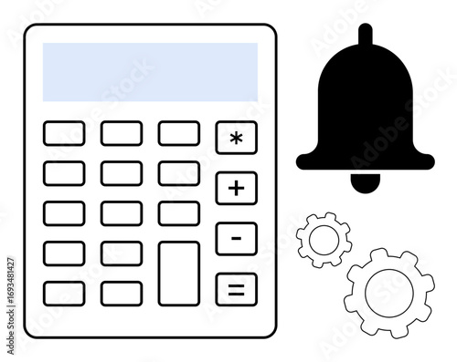 Calculator with numerical keypad, notification bell, two gear icons. Ideal for finance, efficiency, productivity, reminders, automation, planning simple landing page
