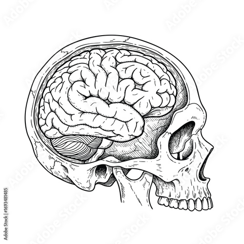 Handdrawn anatomical illustration of a human skull in profile revealing the brain in a sagittal cut.