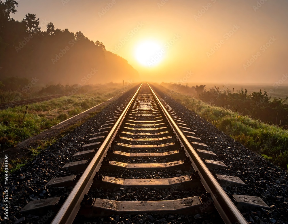 Fototapeta premium Railway tracks stretching to horizon in foggy sunrise, scenic view of travel and adventure.