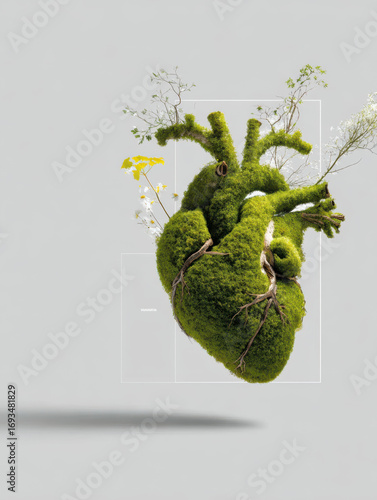 A surreal green heart sculpture covered in moss and small plants, symbolizing the connection between nature, life, and sustainability.
