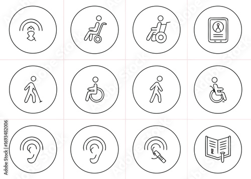 Collection of accessibility and communication icons in circular frames symbol wheelchair