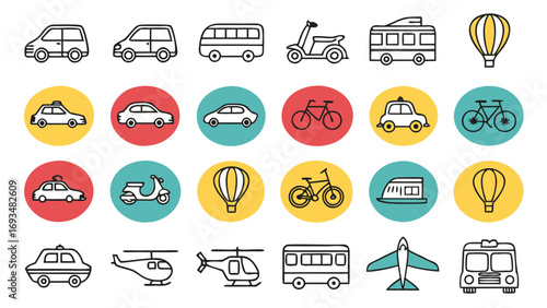 Diverse Transportation Icons in Rows and Columns with Colored Circles vehicles travel