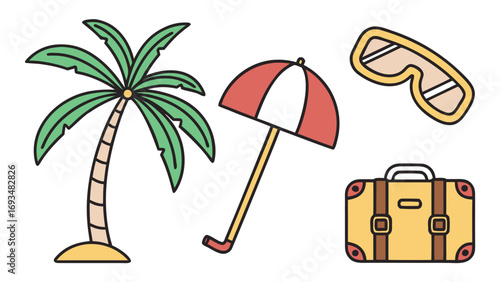 Flat design illustrations of summer vacation and travel items holiday beach