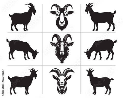 Goat Bakra set collection pack bundle black shape icon silhouette vector flat illustration design on white background