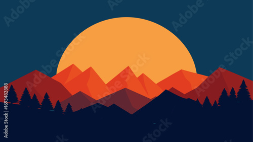 Sunset over mountains and trees illustration