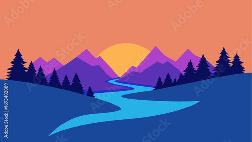 Landscape with river and mountains at dusk
