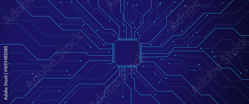 AI chip on a dark blue technology background. Computer processor. Abstract polygonal microchip.