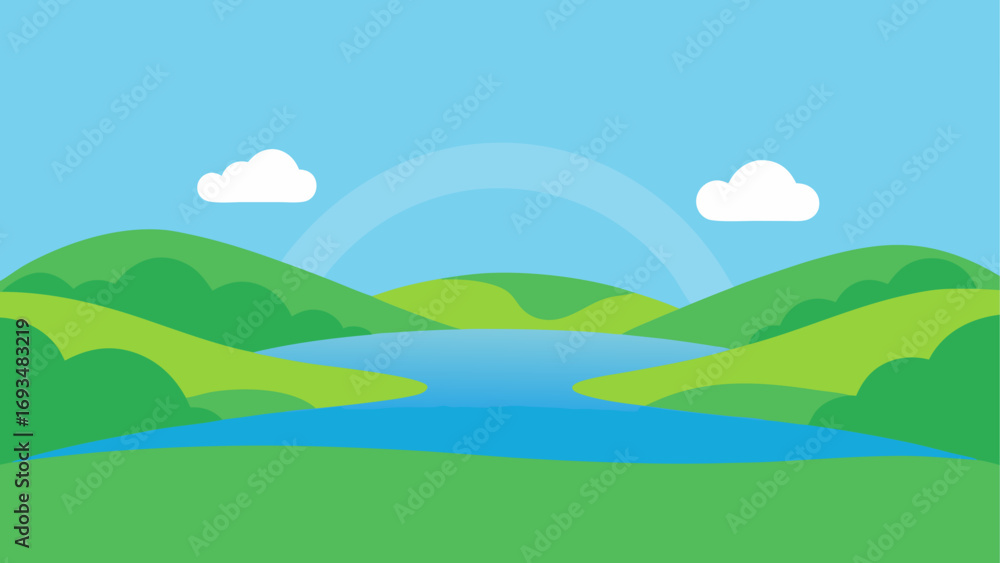 Fototapeta premium Landscape with lake hills and two clouds