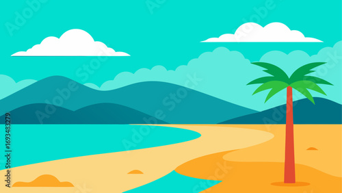 Cartoon beach landscape with palm and sea