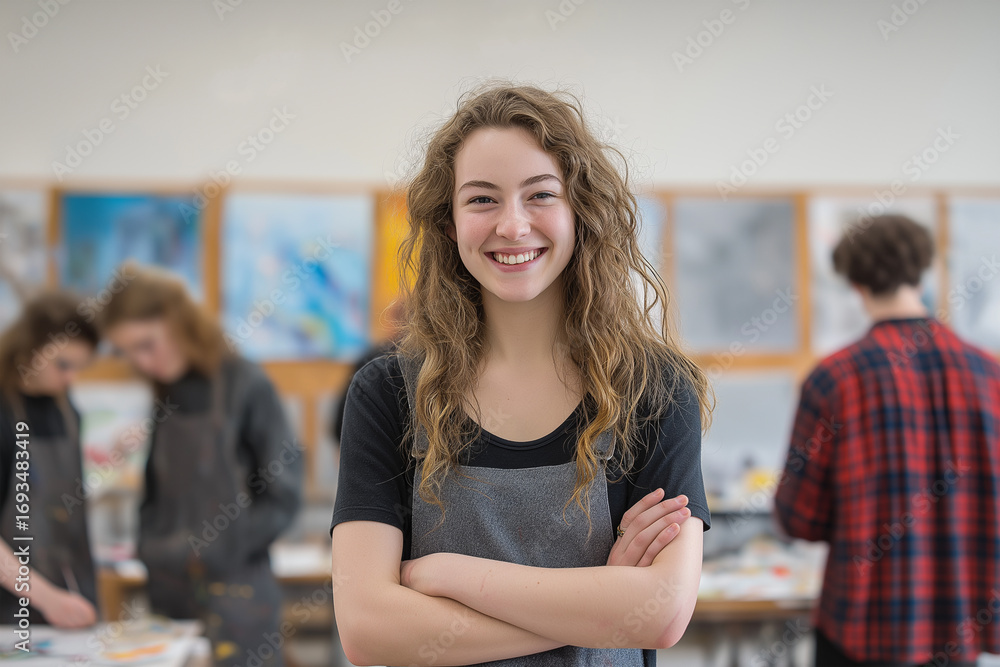 © Creative Art7 - a portrait of an high school student, smiling and standing with her arms crossed in front of art class tables filled with students working on various projects © Creative Art7 - a portrait of an high school student, smiling and standing with her arms crossed in front of art class tables filled with students working on various projects