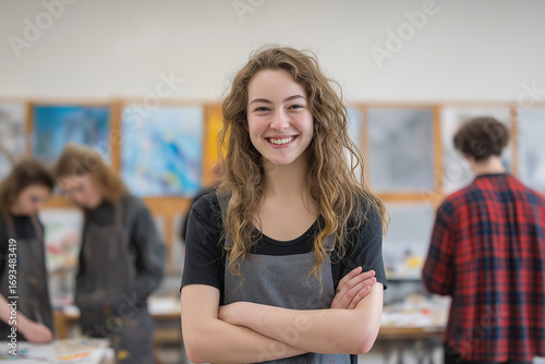 a portrait of an high school student, smiling and standing with her arms crossed in front of art class tables filled with students working on various projects