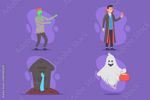 Vibrant Halloween collection of zombie, vampire, ghost, and spooky grave. Each character bringing festive spirit to celebration with playful elements and colorful designs