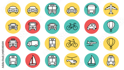 Set of modern line art transportation icons on colored circles airplane taxi