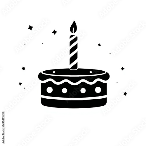 Black and white illustration of a birthday cake with a single candle and stars