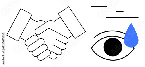 Agreement depicted by handshake next to eye with a tear representing empathy and awareness. Ideal for cooperation, partnership, teamwork, emotional intelligence, support, care, and a simple landing
