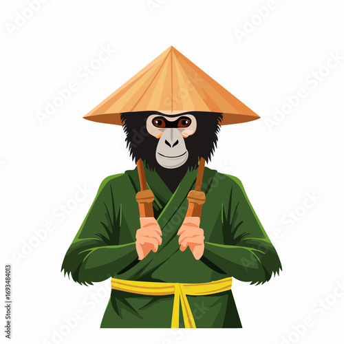 Monkey dressed as a martial artist wearing a conical hat and green kimono standing ready for action in a playful and whimsical style.
