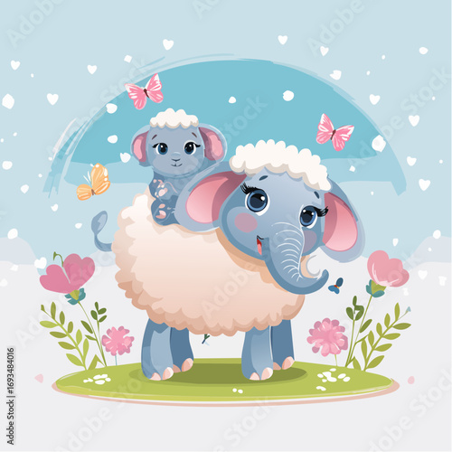 Cute baby elephant rides on the back of a sheep in a whimsical garden with butterflies and flowers, creating a heartwarming and joyful scene.