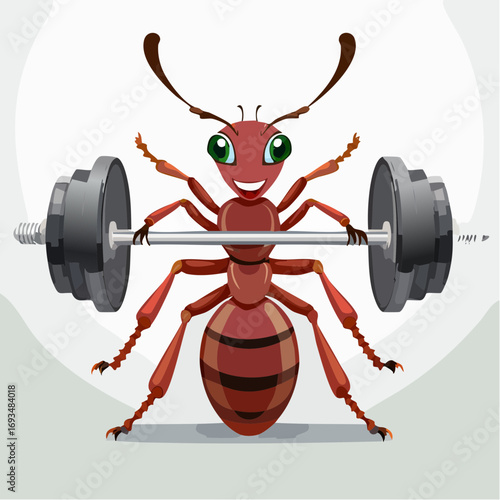 Cartoon ant lifting heavy barbell with determined expression against a simple backdrop, showcasing strength and perseverance with a touch of humor.