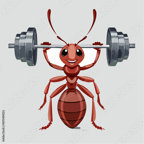 Strong cartoon ant lifting heavy barbell, an illustration of power, determination, fitness, and incredible insect strength concept