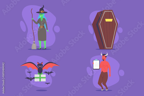 Vibrant collection of Halloween characters including witch with broom, bat, devil holding clipboard, and coffin, perfect for festive decorations at parties