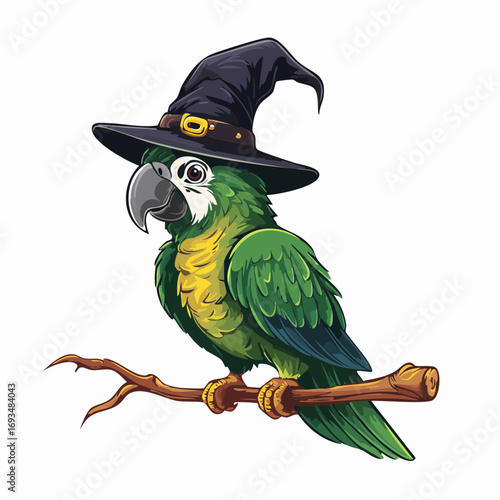 Whimsical green and yellow parrot wearing a witch hat, perched on a branch, isolated cartoon illustration for Halloween or fantasy themes.