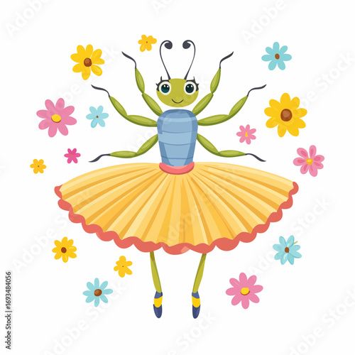 Cute cartoon insect ballerina dancing in a yellow tutu among colorful spring flowers on a white background, whimsical children's illustration.