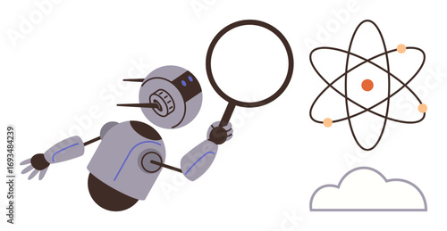 Humanoid robot holding magnifying glass investigates atom structure and cloud representation. Ideal for AI, science, research, data analysis, innovation, education, automation themes. Simple flat