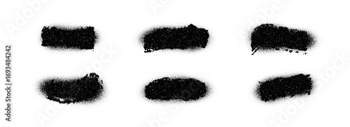 Black sprayed paint brush shape set. Sprayed aerosol particles and grainy dotted banner collection. Rough noise stencil stains and spots bundle. Grunge dusty sand texture frame or border pack. Vector