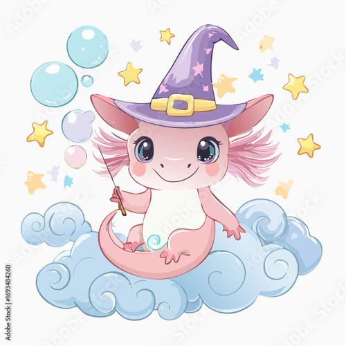 Cute axolotl wearing a witch hat sitting on a cloud surrounded by bubbles and stars, creating a whimsical and magical scene.