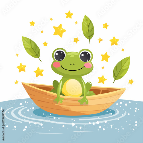 Cute green frog sits in small wooden boat floating on water surrounded by stars and leaves, creating a whimsical and joyful scene.
