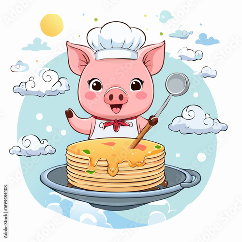 Cute pig chef prepares a stack of pancakes in a whimsical kitchen, creating a delightful and heartwarming scene.