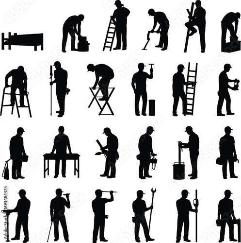 Construction workers, manual labor, silhouette figures, industrial tools, work poses, hard hats, vector art, flat design, job site, flat vector illustration