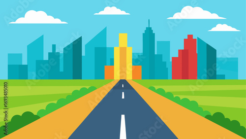 Cartoon city skyline with road and clouds
