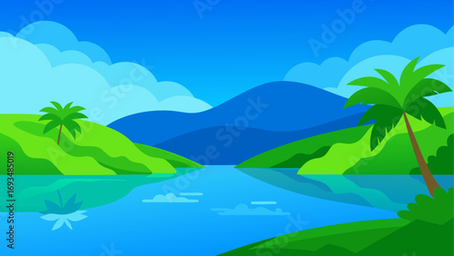 Landscape with lake hills and palm trees