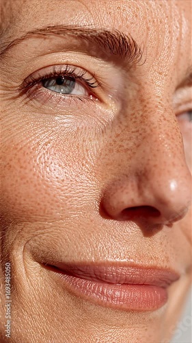 Authentic Portrait of Middle Aged Woman Revealing Delicate Wrinkle Lines and Freckled Cheeks, Natural Light Close Shot for Anti Aging Campaign