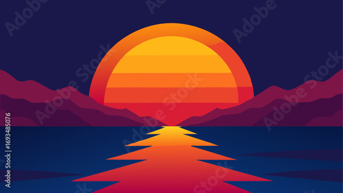 Sunset over water with distant mountains