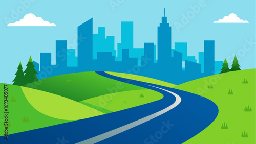 Road landscape with city skyline and hills