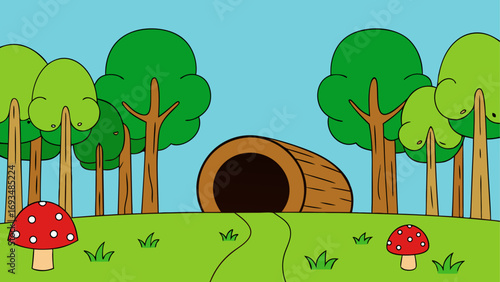 Cartoon forest scene with mushrooms and log