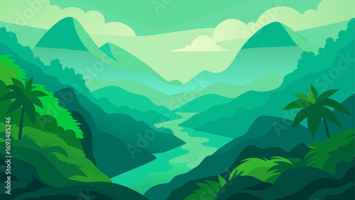 Green mountain landscape with river view