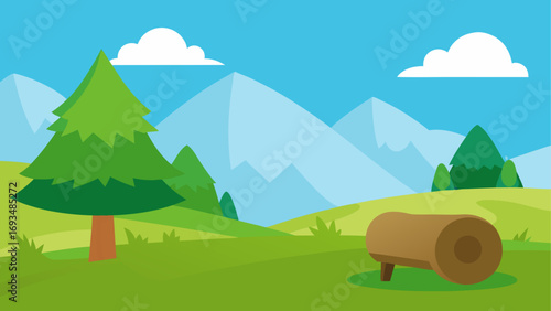 Cartoon landscape with tree and mountains