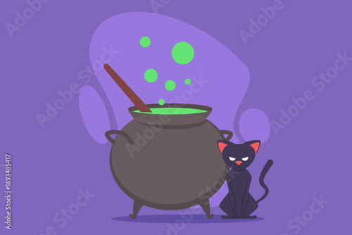 Bubbling cauldron emitting green smoke on festive Halloween night. Playful black cat standing beside it, adding to enchanting atmosphere of celebration and fun