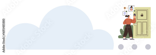 Woman placing digital files near a locked door beside a cloud. Ideal for data security, cloud computing, privacy, technology, online protection, IT solutions, safe sharing. Simple flat metaphor