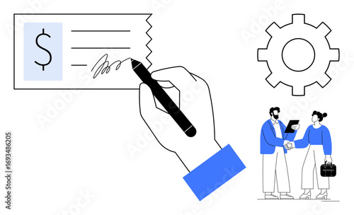 Hand signs a financial check, two businesspeople shake hands in agreement, gear demonstrates processes. Ideal for finance, agreements, payments, collaboration, processes, partnerships