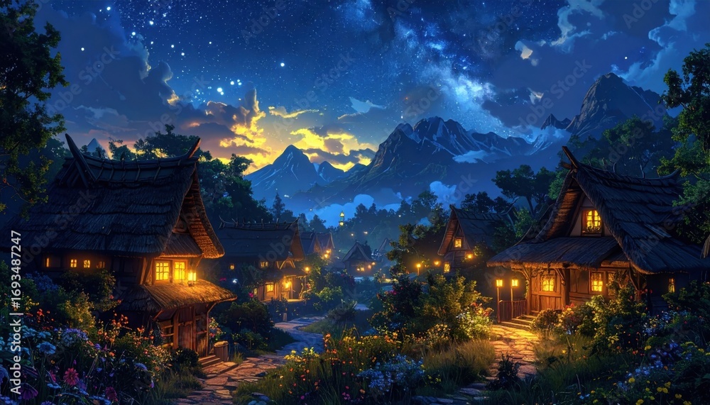 Naklejka premium A picturesque mountain village bathed in the soft glow of twilight, featuring charming thatched-roof homes and a starry night sky.