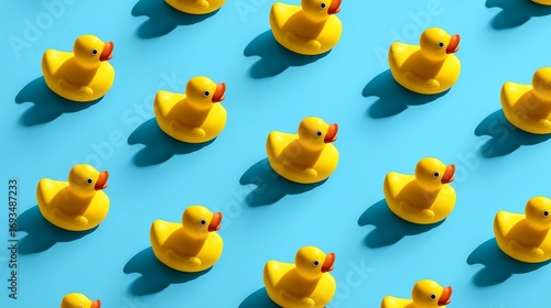 A collection of yellow rubber ducks arranged in a diagonal repeating pattern on a vibrant blue background creating a playful design