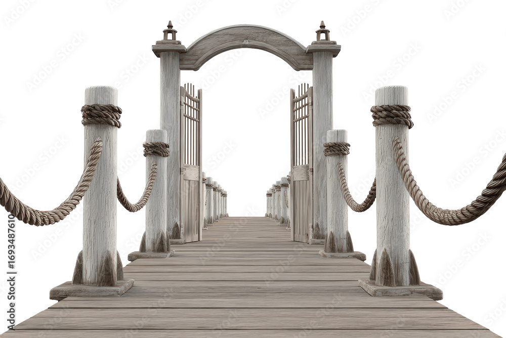 Naklejka premium Old wooden pier with rope railings leading to an arched gate.