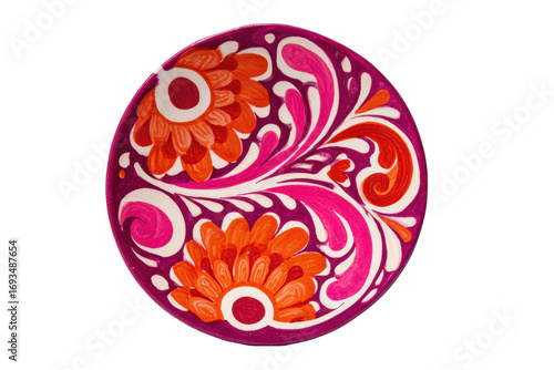 Vibrant circular floral emblem with a stylized yin yang design.