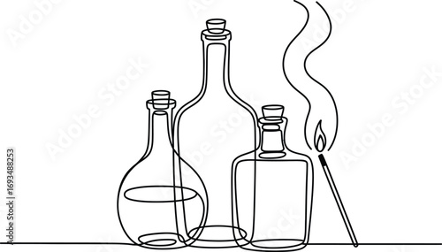 Minimalist Line Art of Three Bottles and a Lit Match with Smoke