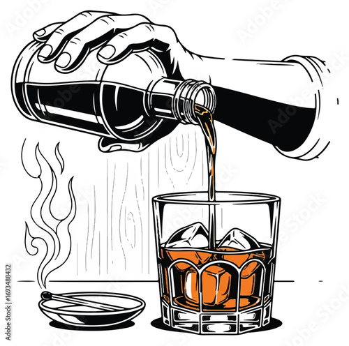 Illustration of a hand pouring liquor into a glass with ice cubes next to a smoking match.